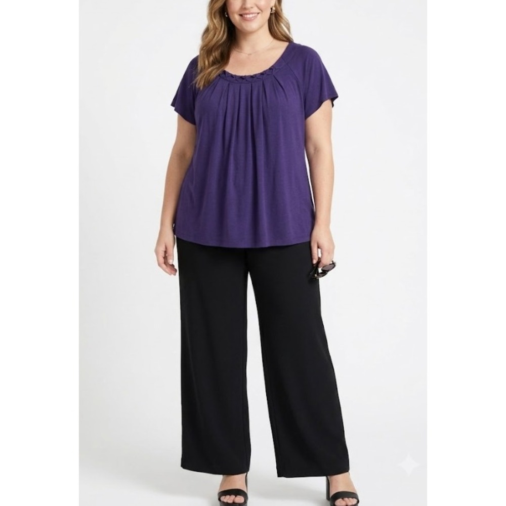New Alyx Blouse size 3X Eggplant Purple Pleated Lattice Neck Short Sleeve Knit